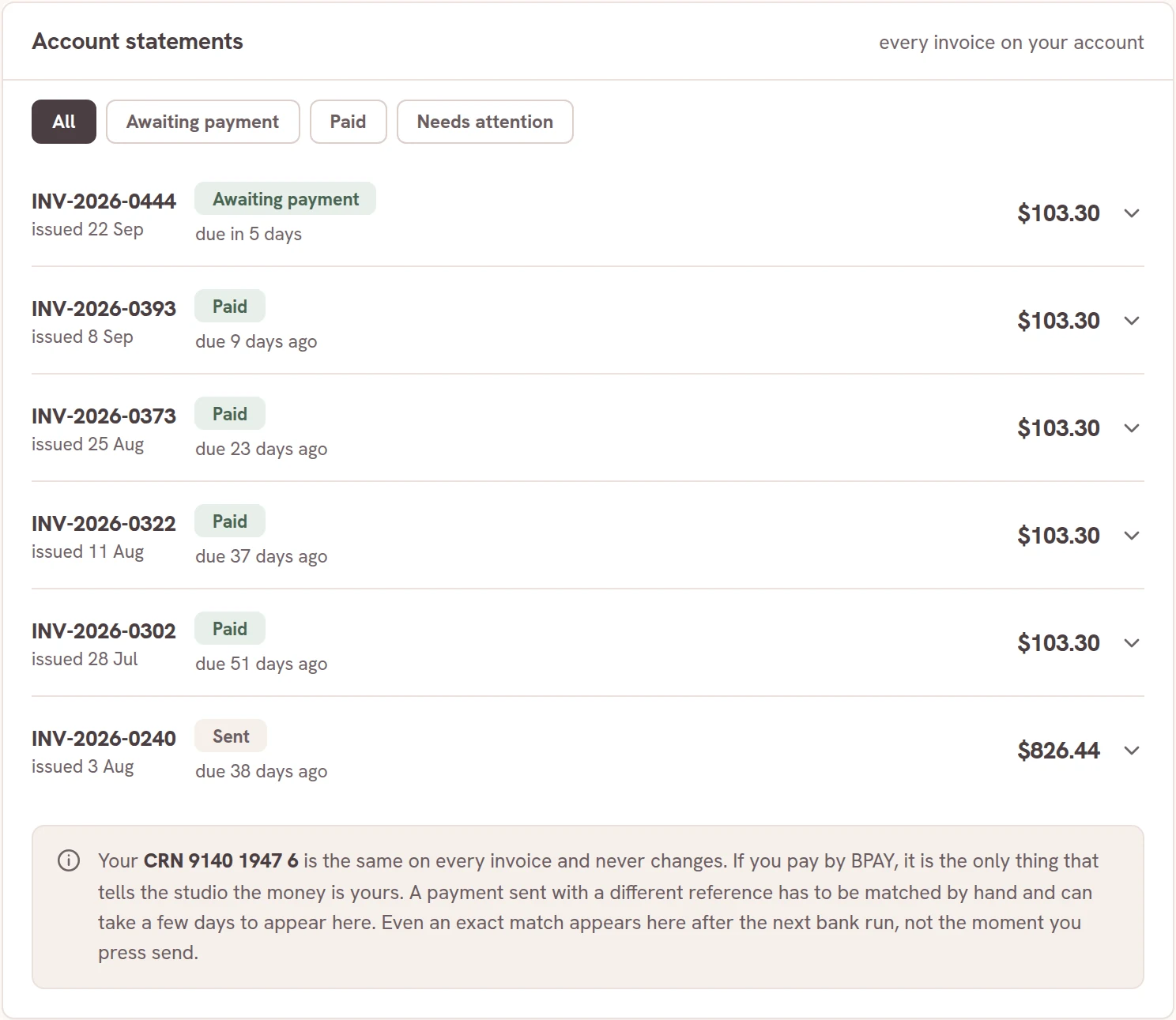 The account statements panel from the same family view, headed every invoice on your account. Each row carries its invoice number, the date it was issued, whether it is awaiting payment, paid or sent, when it falls due and the amount. A note explains that the customer reference number is the same on every invoice and never changes.